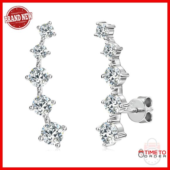Sterling Silver Moissanite Climber Earrings 5-Stone Crawler Stud